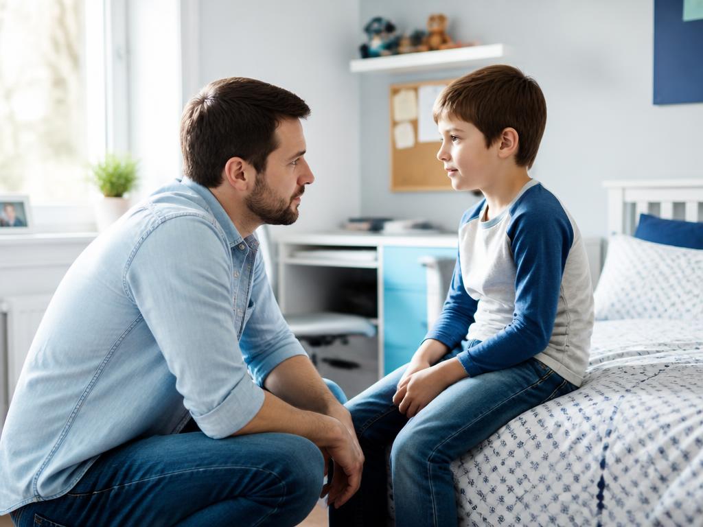 Padre conversando a la altura de su hijo